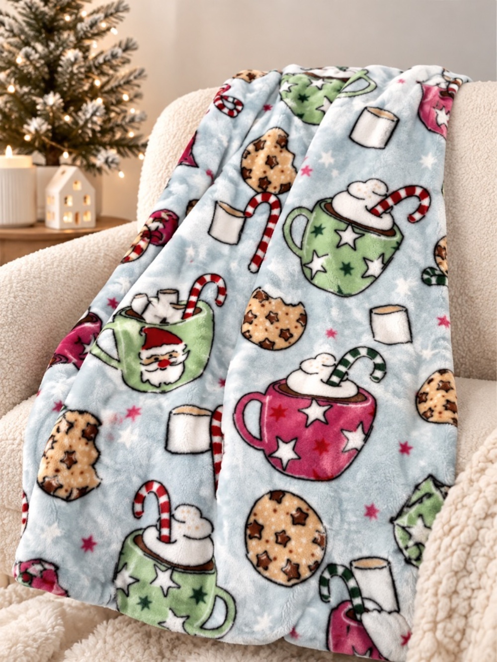 Betsey Johnson Christmas Plush Throw Blanket 50x70 Hot Cocoa Santa Cookies NWT